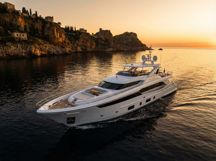 Luxury Boat Tours — superyacht at sunset on the Mediterranean