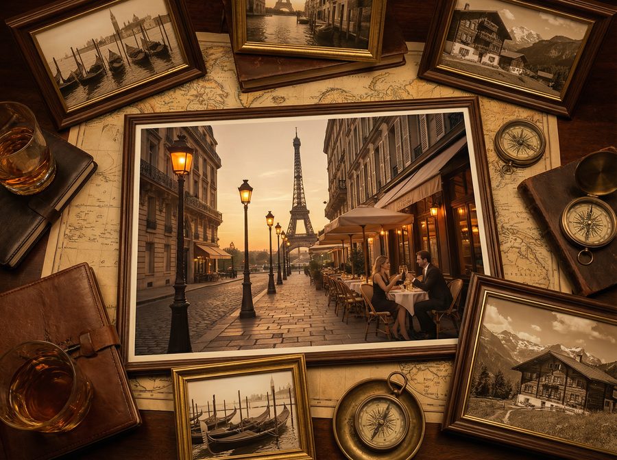 Luxury Europe Tours — Paris cafe with Eiffel Tower at sunset