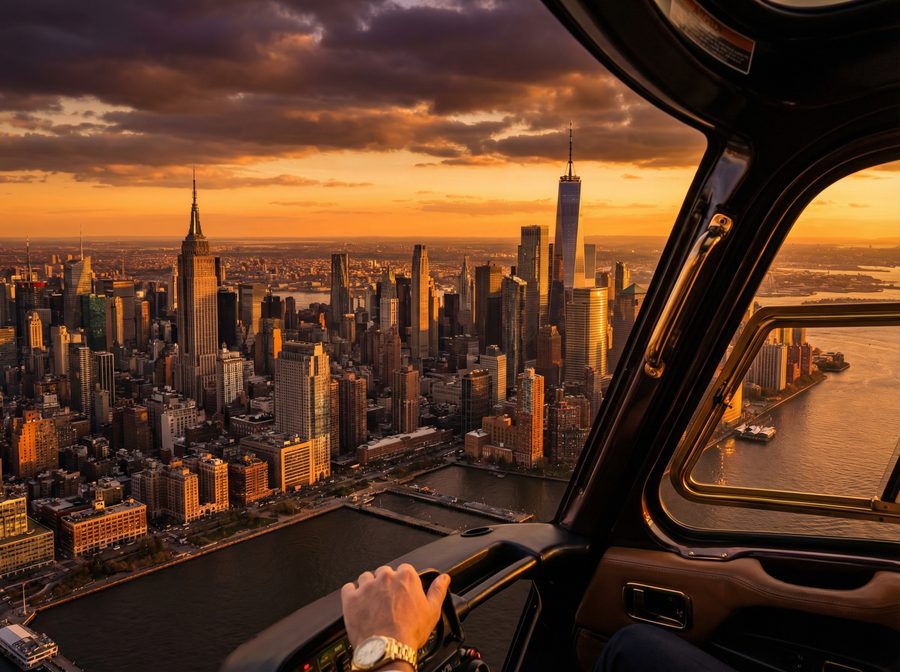 Luxury USA Tours — New York helicopter view at sunset